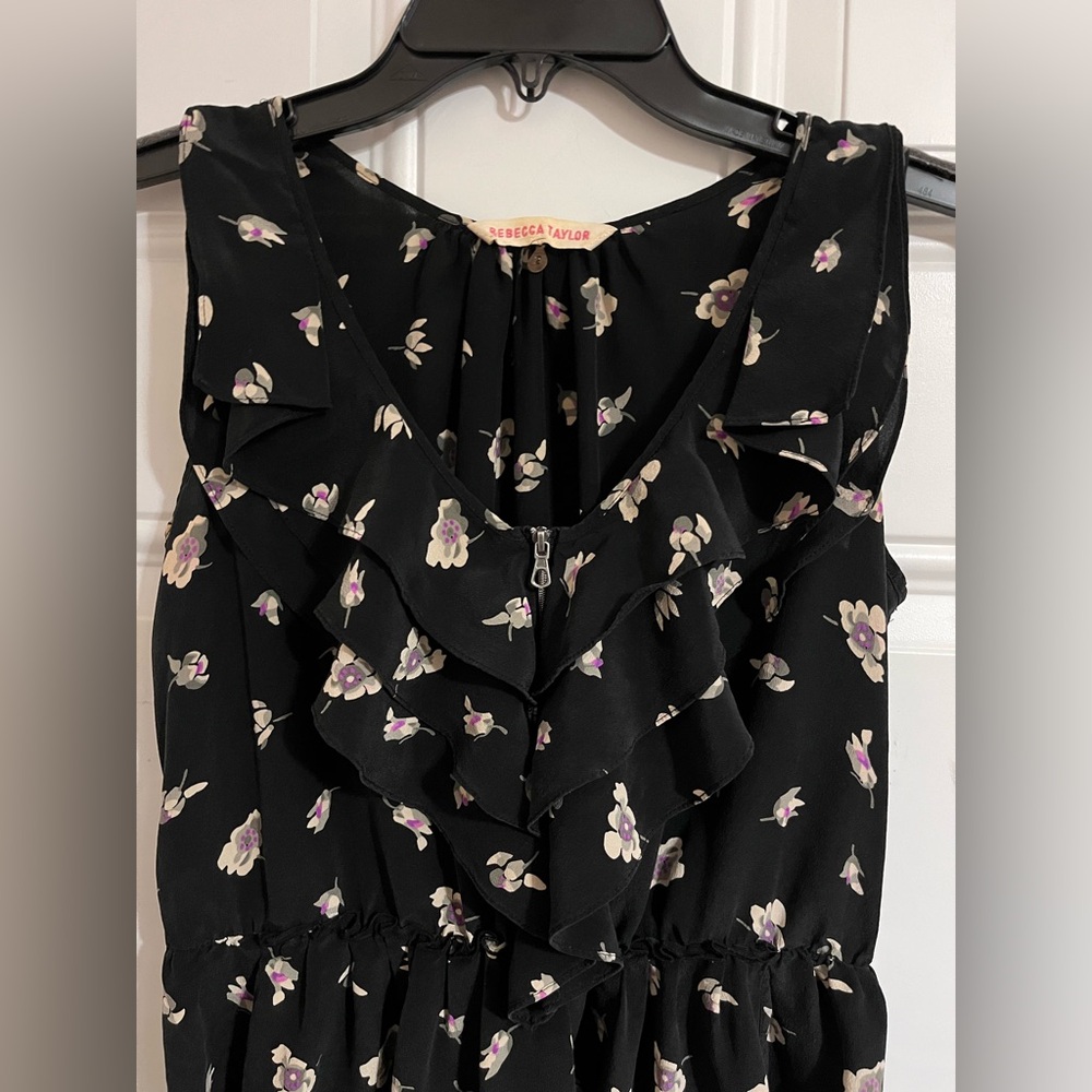 Rebecca Taylor Silk Dress 2 Ruffle Front Sleeveless Front Zip Black Ghost Floral - Picture 2 of 8